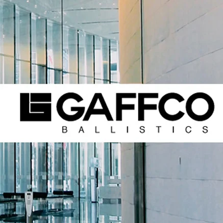 Gaffco Ballistics logo featured over a modern commercial interior background