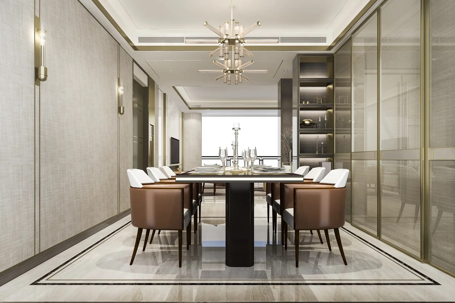 A beautiful modern hallway with dining area