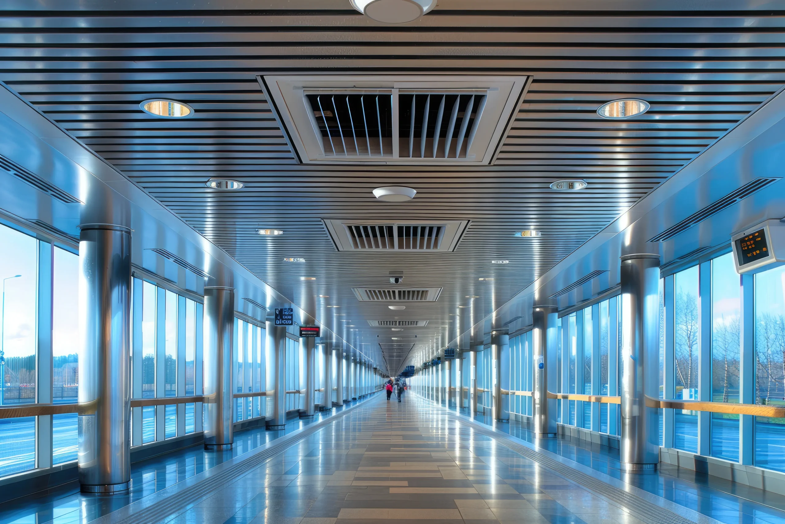 A large hall way with bio safety implemented