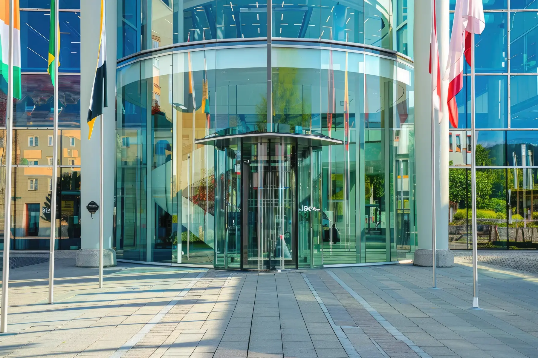 A large government agency building with ballistic protection entry systems