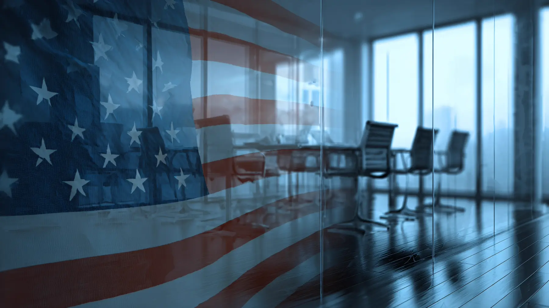 A large government agency building interior with us flag reflecting