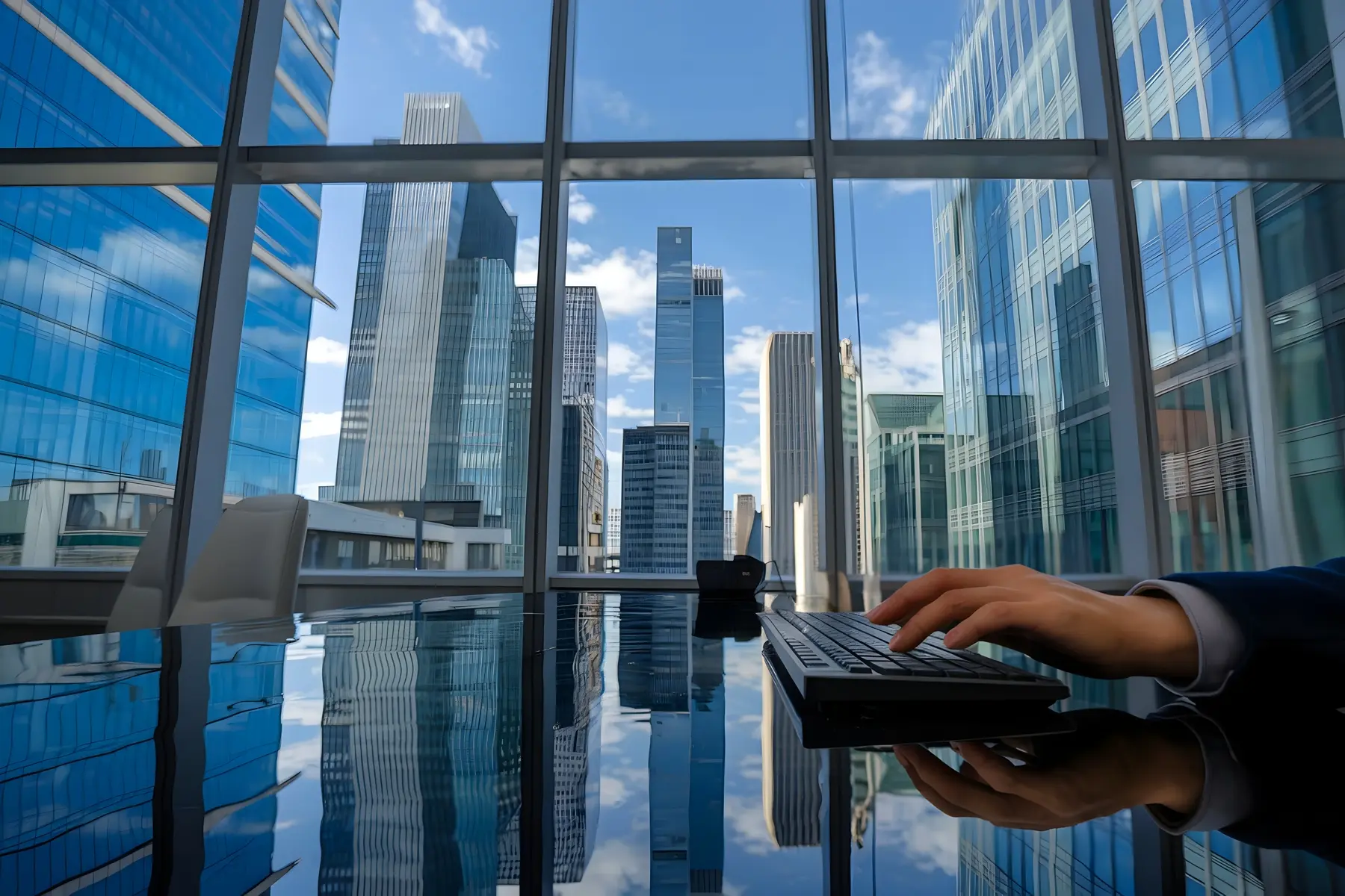 A beautiful view of large buildings from the corporate office