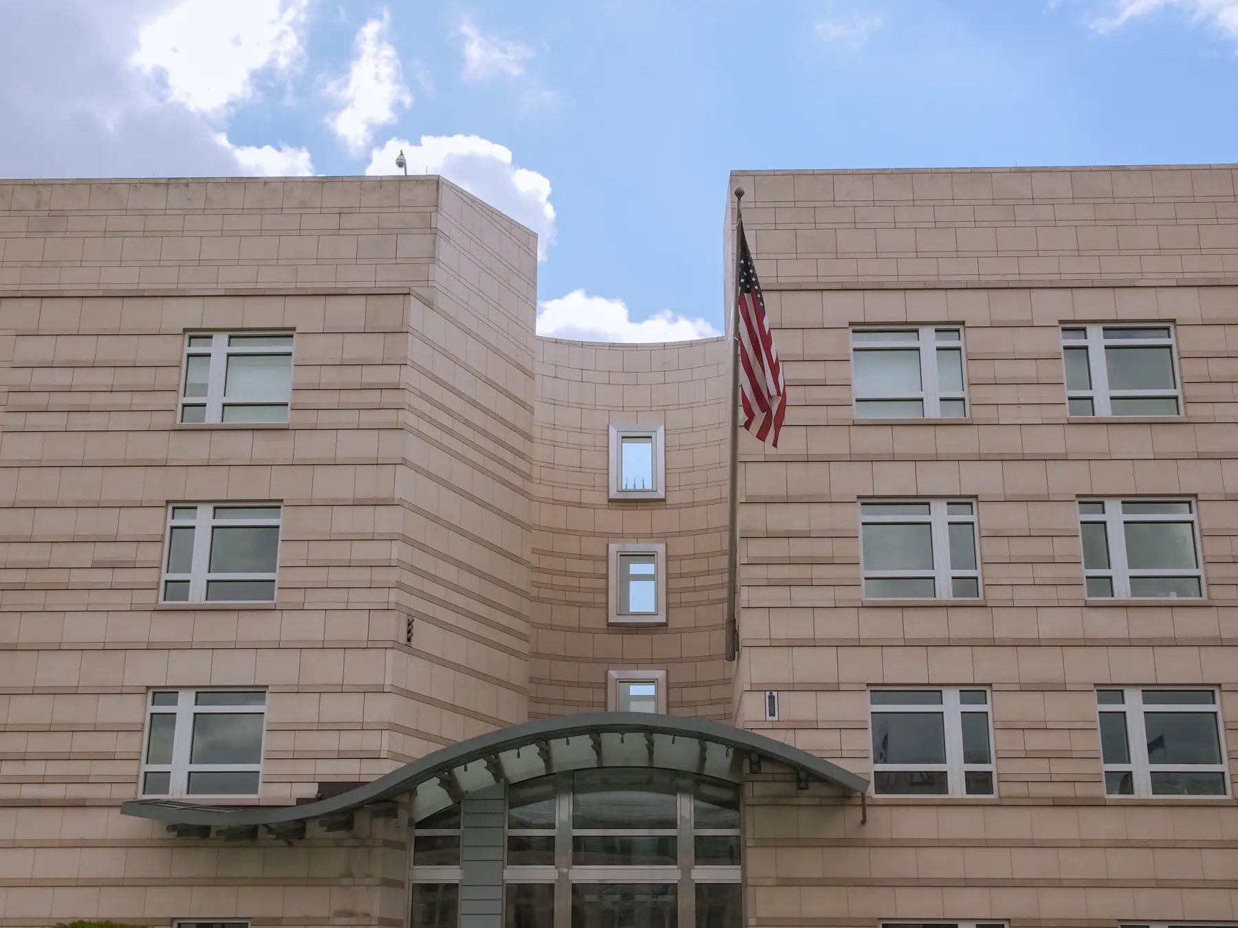 A large building with ballistic glass installed in it