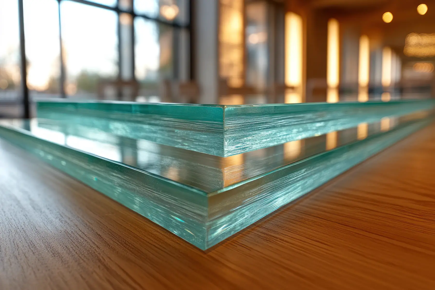 Stacked sheets of thick laminated glass on a wooden surface