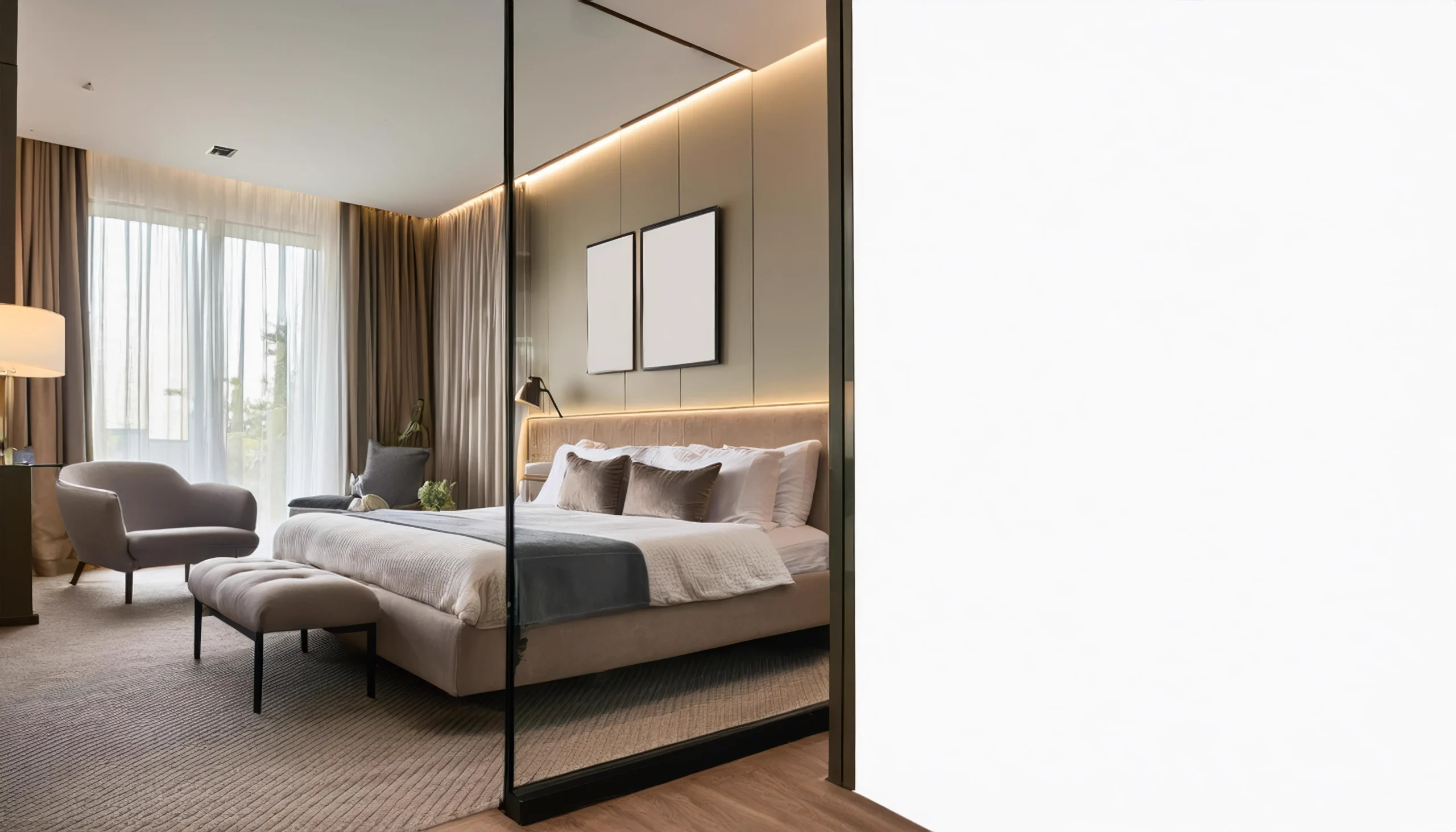 Interior view of a modern luxury bedroom designed as a secure safe room