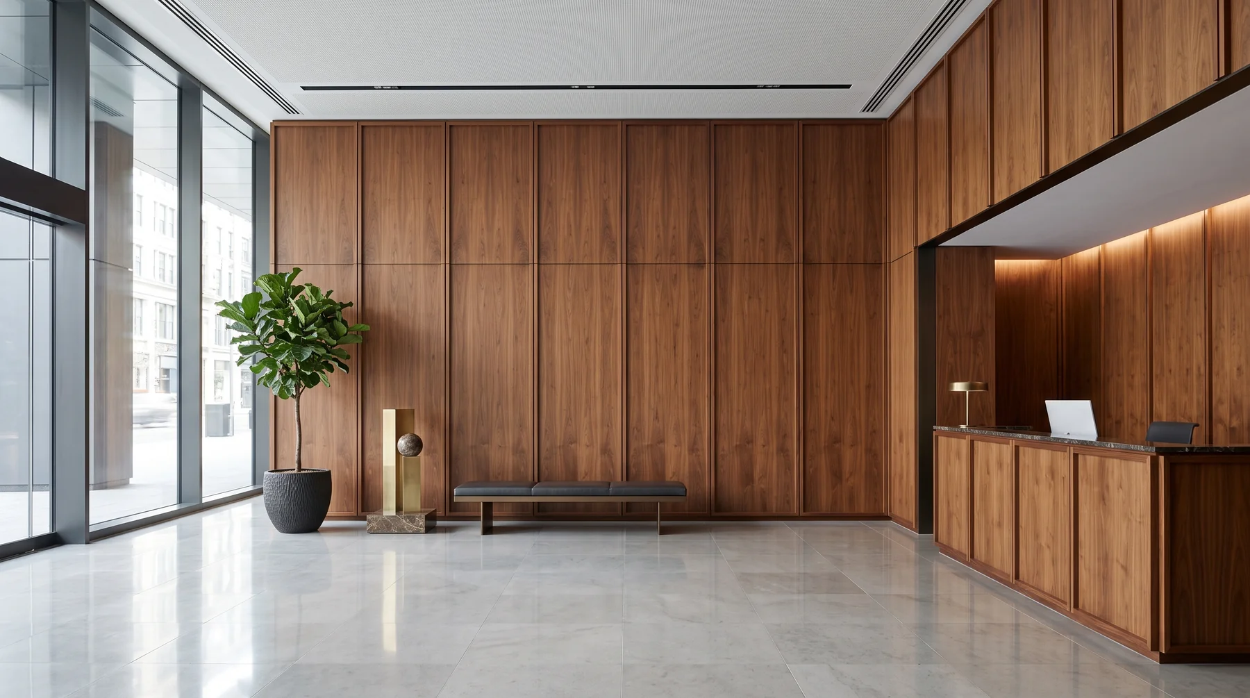 A beautiful living room space with wooden clad ballistic wall panels